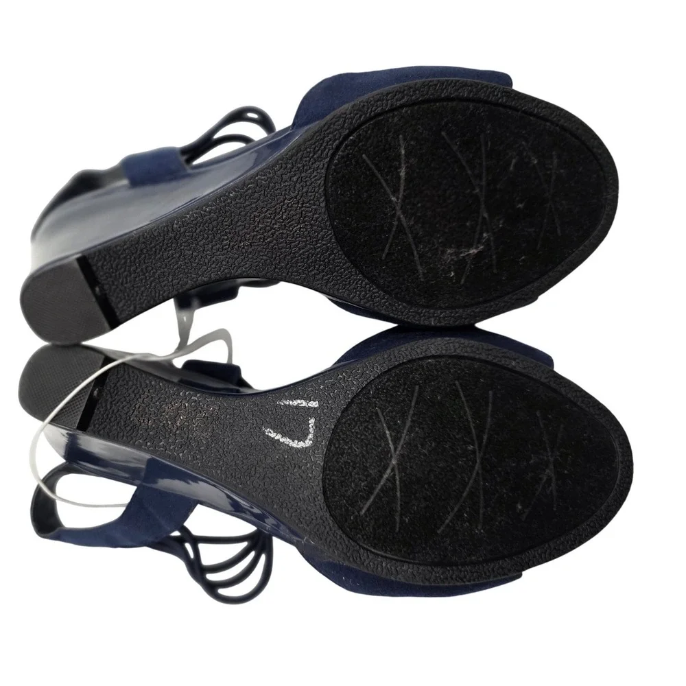 IMPO Vanolo Navy Blue Wedge Sandals Elastic Multi-Strap Dress Shoes Womens 7M